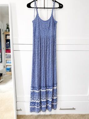 SO Goods For Life Blue & White Boho Maxi Babydoll Dress – Size XS